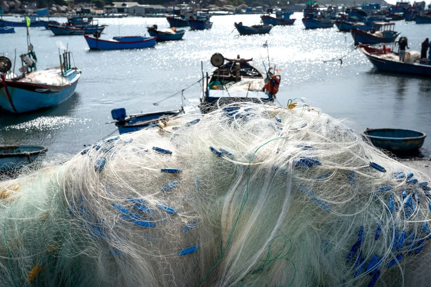 近海漁港停泊的漁船與整理中的漁網，吻仔魚捕撈的網目很細，容易一起撈到其他魚苗