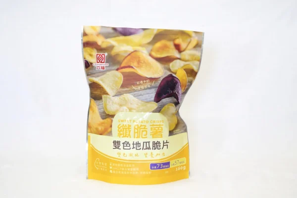 雙色地瓜脆片主視覺成品，烘烤工法非油炸的健康零食選擇